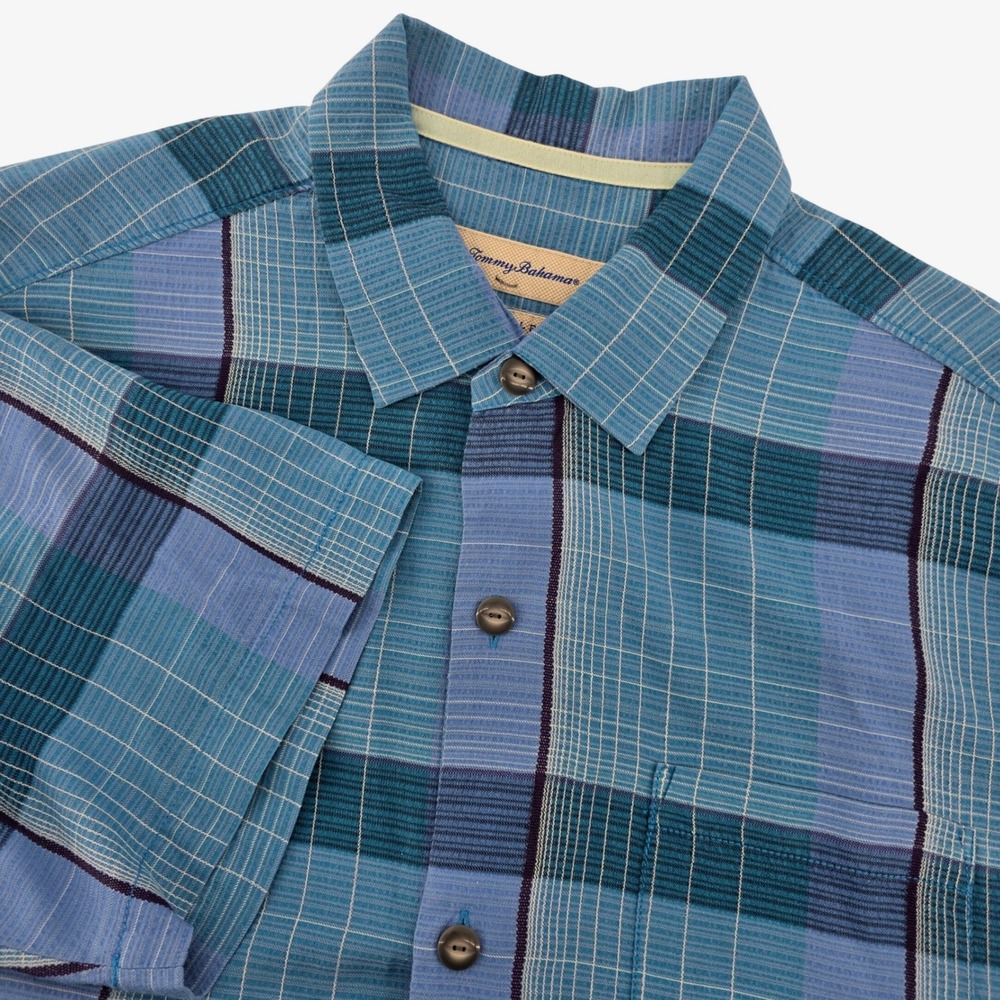 Tommy Bahama Mens Large Blue Plaid Short Sleeve Button Up Shirt Original Fit‎
